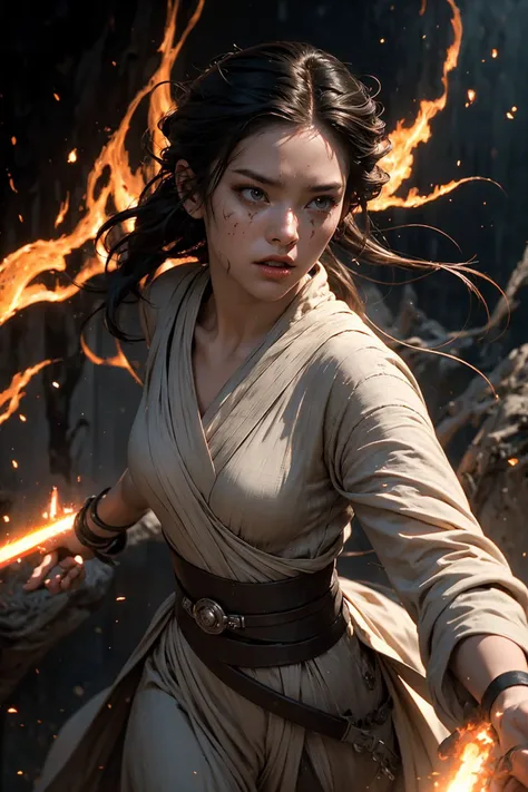 A female Jedi in a long dress (Uses force:1.7), artwork in the style of guweiz, (there is fire everywhere:1.4), as a tarot card, terracotta, beauty filter, human fighter, surrender, highest quality, masterpiece, ultra-detailed, dof, artistic lighting, rimlight, best quality, (masterpiece), (ultra-detailed), insane details, highest quality, masterpiece, ultra-detailed, dof, artistic lighting, rimlight, starwars theme