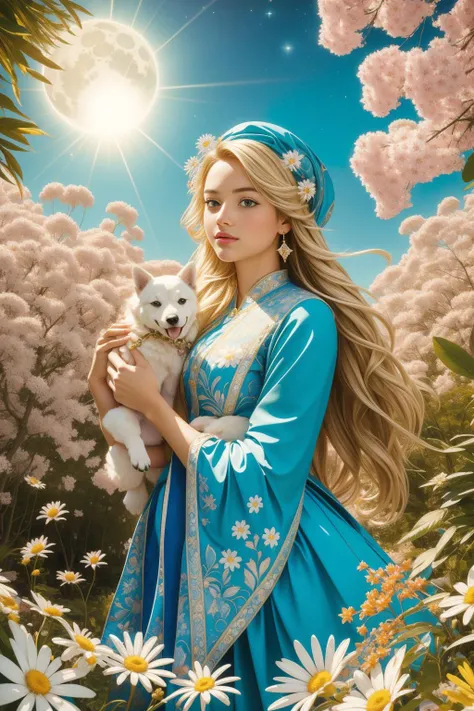 1girl, (symbolism art by Greg Olsen:1.2) and (Nicholas Hilliard:1.2) and (Wifredo Lam:1.0) and (Tom Roberts:0.8) , epic iznik tiles pattern of a hyper detailed, Unique Radiant ([Puppy Dog|Stellar evolution]:1.3) , best quality, Petal background, lush vegetation with Daisies, Winter, equirectangular 360, Contemporary, Cozy, stylized, Afrofuturism, Moonlit, Depth of field 270mm, Lomography, fairy tale, behance HD, HDR, highly detailed