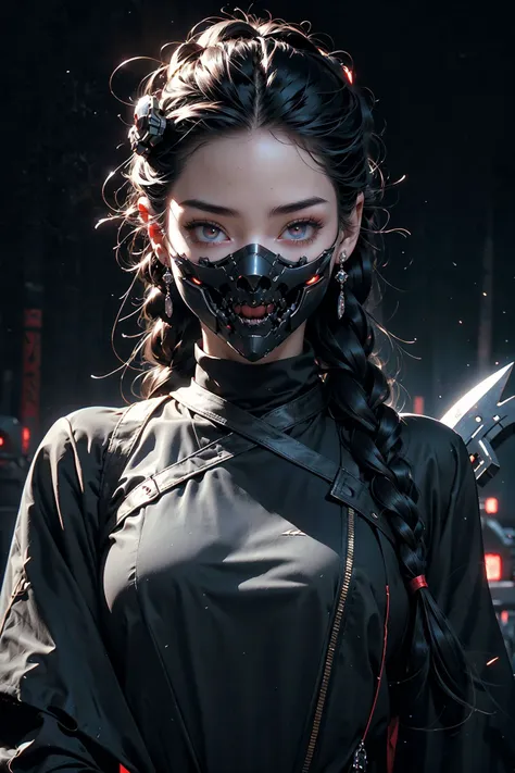 close up ((diamondly beautiful eyed girl)) with braids  holds a weapon in his hand on a black background, red glowing eyes, holy cyborg necromancer girl, holds a weapon in his hand, Sci-Fi Helmet, cyber mask, brian sum, goddess of war, blue cyborg, balaskas, blink , highest quality, masterpiece, ultra-detailed, dof, artistic lighting, highest quality, masterpiece, ultra-detailed, dof, rimlight <lora:Ghost_Mask_V2_Gold_Edition:0.6>, <lora:anxiang:0.3>