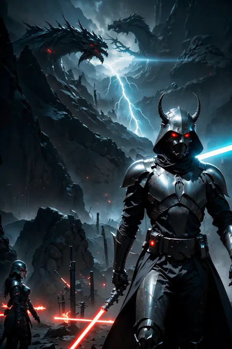 (The battle scene of The dark Sith without a face destroys his enemy with the force :1.2), (wared in helmet, sharp sleek cyborg dragon head, detailed helmet, highly detailed cgsociety, ornate cyberpunk armor, futuristic cybernetic helmet) dark theme, Star Wars, face hidden under a hood, eyes shining brightly from the darkness, The endless power of darkness, (Unlimited evil dinamic pose, fighter:1.2) (There are a lot of electrical discharges and lightning everywhere:1.1), (stunning visual effects, fantasy, ArtStation, vfx, very beautiful graphics, CG)
