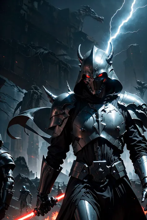 (The battle scene of The dark Sith without a face destroys his enemy with the force :1.2), (wared in helmet, sharp sleek cyborg dragon head, detailed helmet, highly detailed cgsociety, ornate cyberpunk armor, futuristic cybernetic helmet) dark theme, Star Wars, face hidden under a hood, eyes shining brightly from the darkness, The endless power of darkness, (Unlimited evil dinamic pose, fighter:1.2) (There are a lot of electrical discharges and lightning everywhere:1.1), (stunning visual effects, fantasy, ArtStation, vfx, very beautiful graphics, CG)