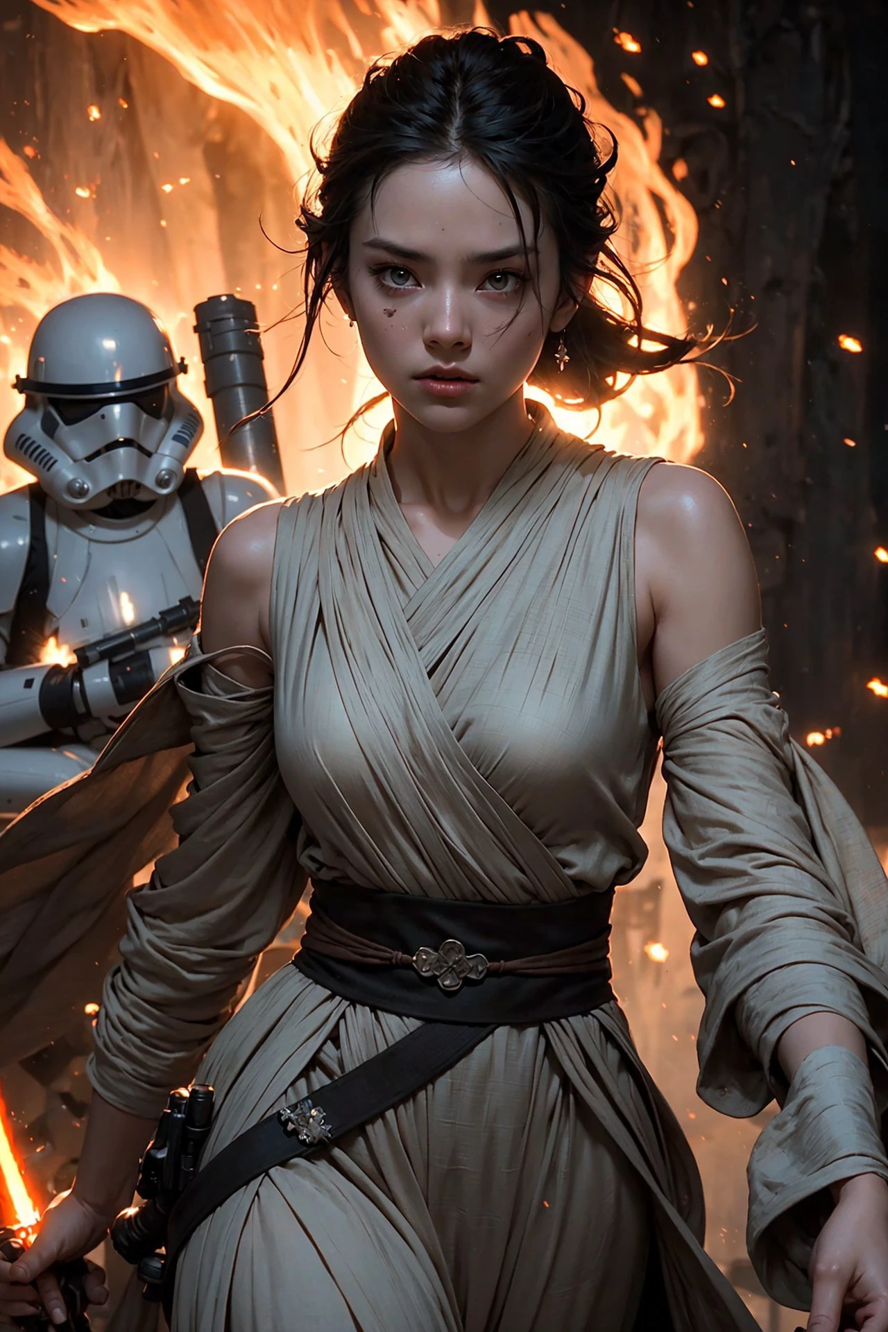 A female Jedi in a long dress (Uses force:1.7), artwork in the style of guweiz, (there is fire everywhere:1.4), as a tarot card, terracotta, beauty filter, human fighter, surrender, highest quality, masterpiece, ultra-detailed, dof, artistic lighting, rimlight, best quality, (masterpiece), (ultra-detailed), insane details, highest quality, masterpiece, ultra-detailed, dof, artistic lighting, rimlight, starwars theme