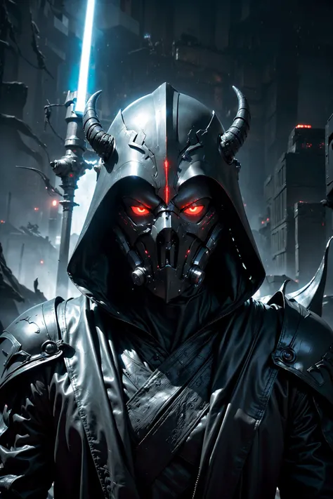 (closeup of The dark Sith without a face destroys his enemy with the force :1.2), (wared in helmet, sharp sleek cyborg dragon head, detailed helmet, highly detailed cgsociety, ornate cyberpunk armor, futuristic cybernetic helmet) dark theme, Star Wars, face hidden under a hood, eyes shining brightly from the darkness, The endless power of darkness, (Unlimited evil dinamic pose, fighter:1.2) (There are a lot of electrical discharges and lightning everywhere:1.1), (stunning visual effects, fantasy, ArtStation, vfx, very beautiful graphics, CG)