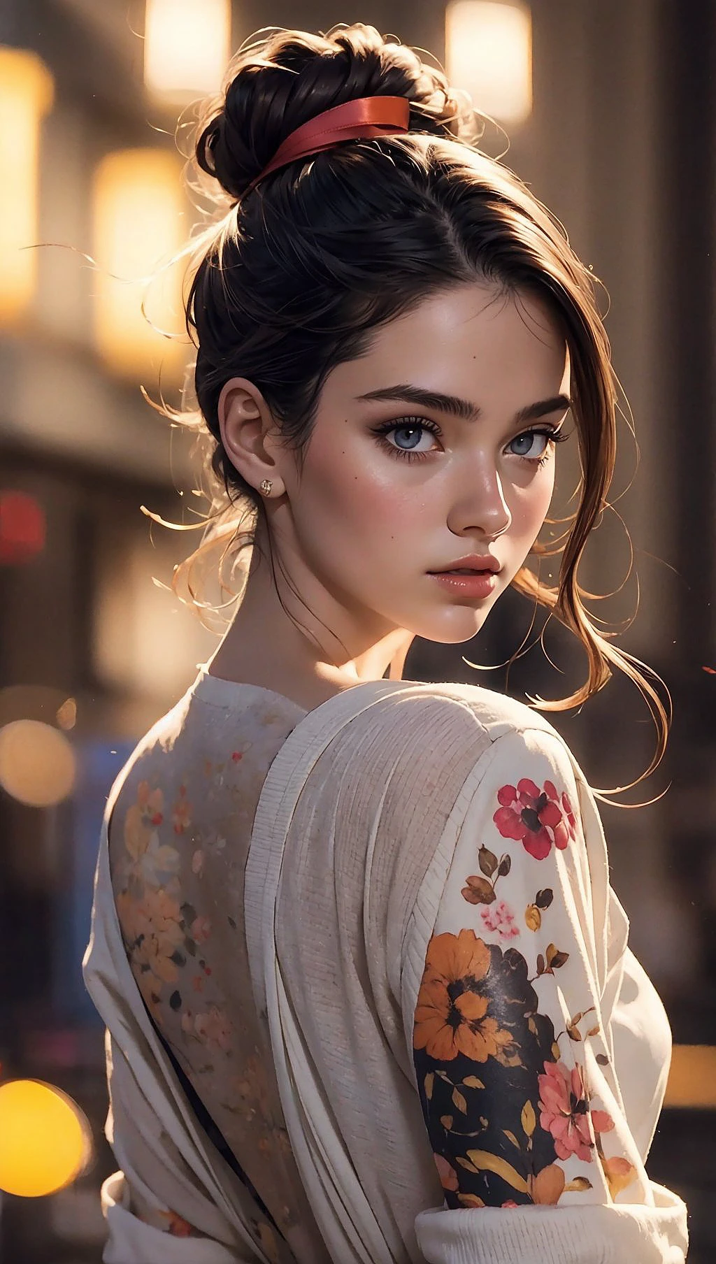 realistic,best quality,(masterpiece:1.2),absurdres,(1girl, solo),watercolor,a beautiful woman,shoulder,hair ribbons,half body portrait,extremely luminous bright design,(ink:1.3),autumn lights,looking at viewer,