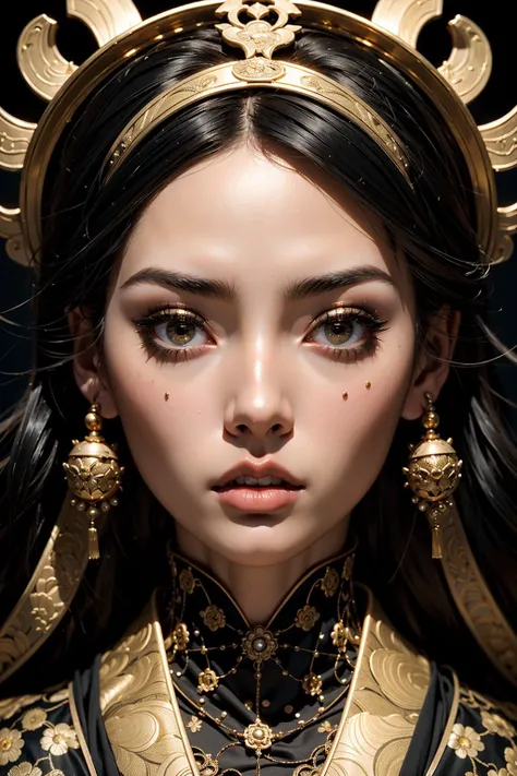 a close up of a woman with a black and gold headpiece, porcelain japanese mannequins, natalie shau, detailed face of a asian girl, japanese influences, symmetry face, shogun era, banshee, with parted lips and stunning, automaton