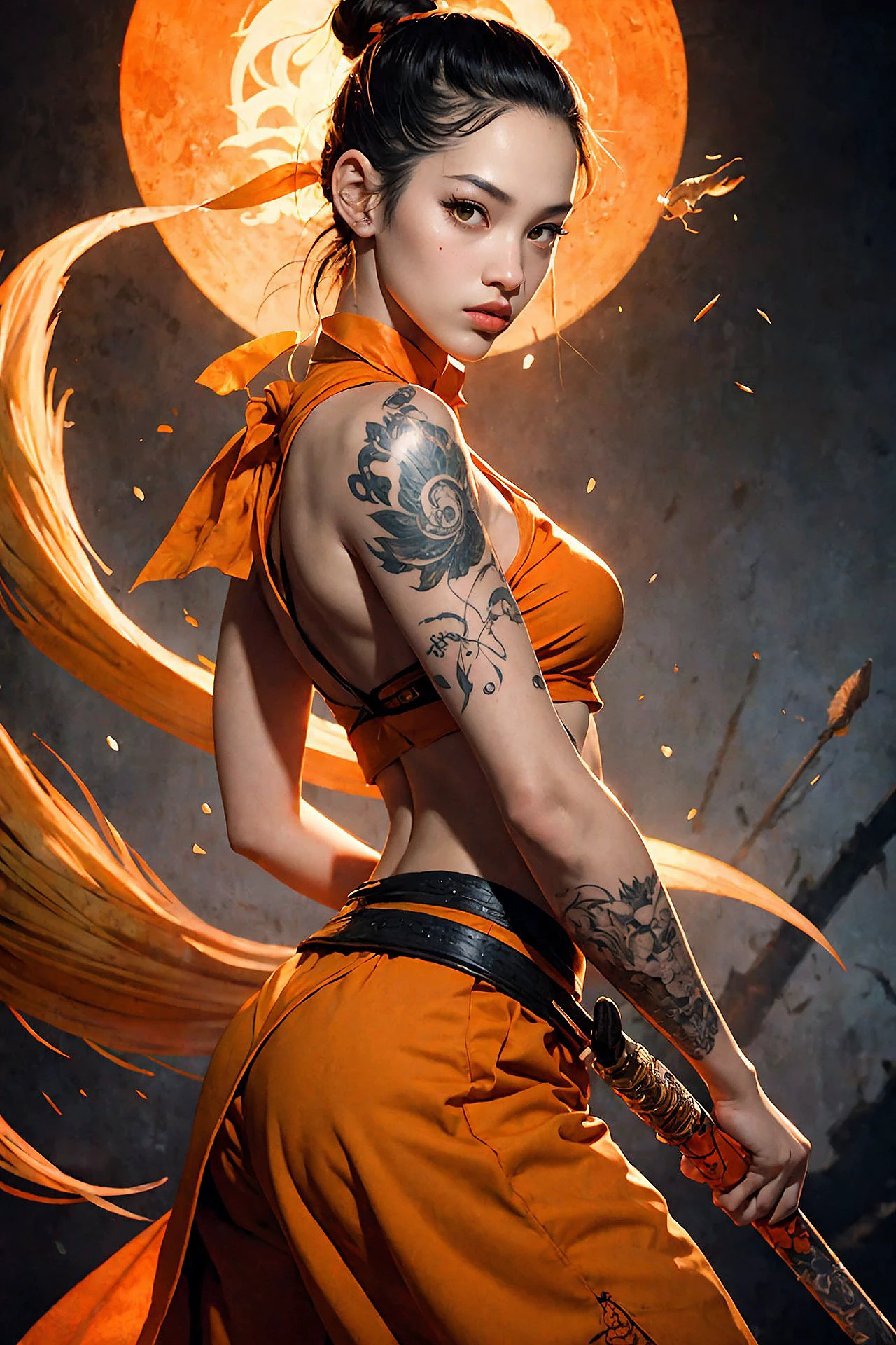 a woman with a sword and a tattoo on her arm, kiko mizuhara, KUNG FU STYLE, beautiful gorgeous digital art, orange gi, beautiful portraits, a beautiful kitsune woman, artstatio, quentin tarantino movie posters, digital art h 9 6 0, defiant and beautiful, stunning drawing, suki, old paper, SHORTED PAPER