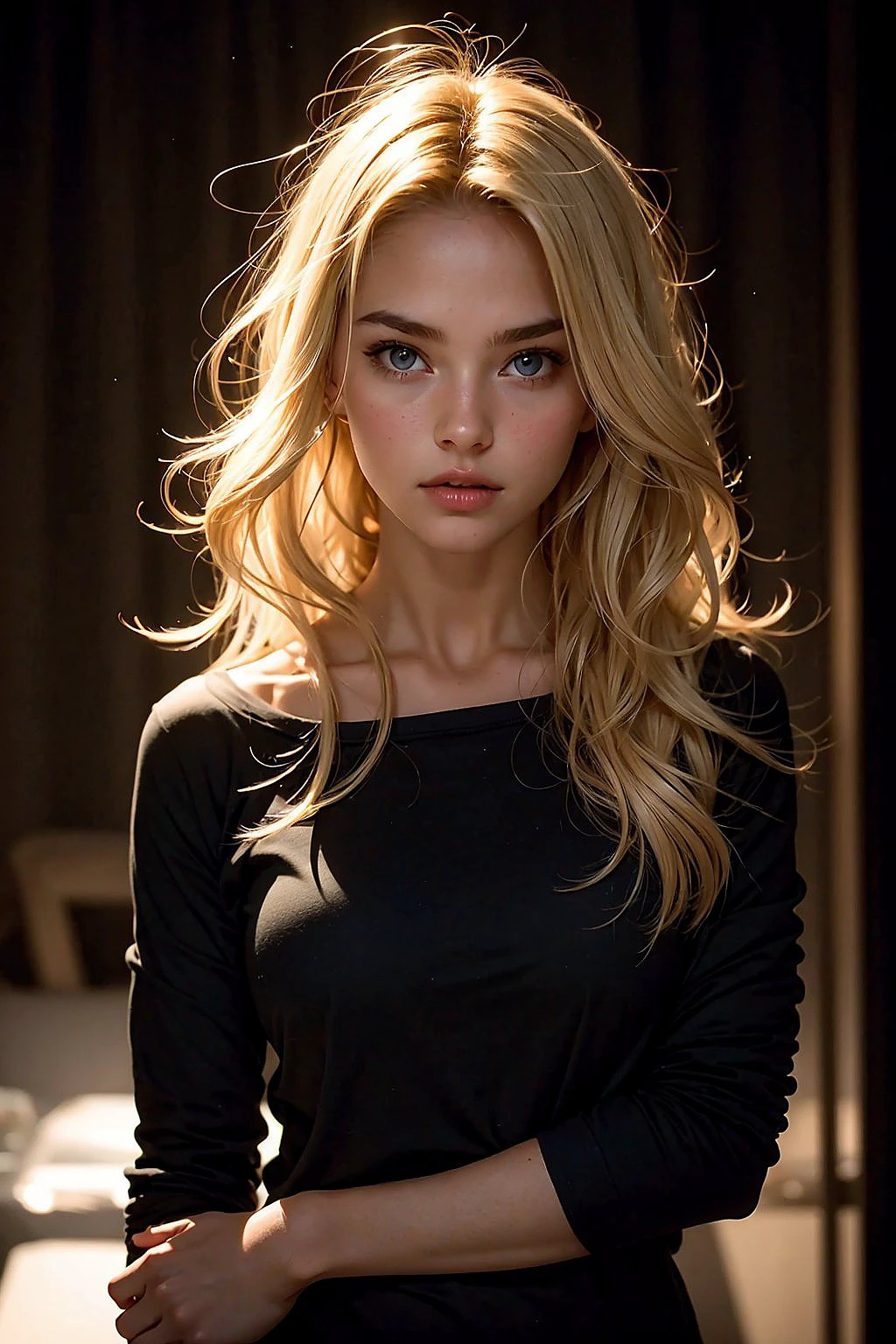 super cute blond woman in a dark theme
