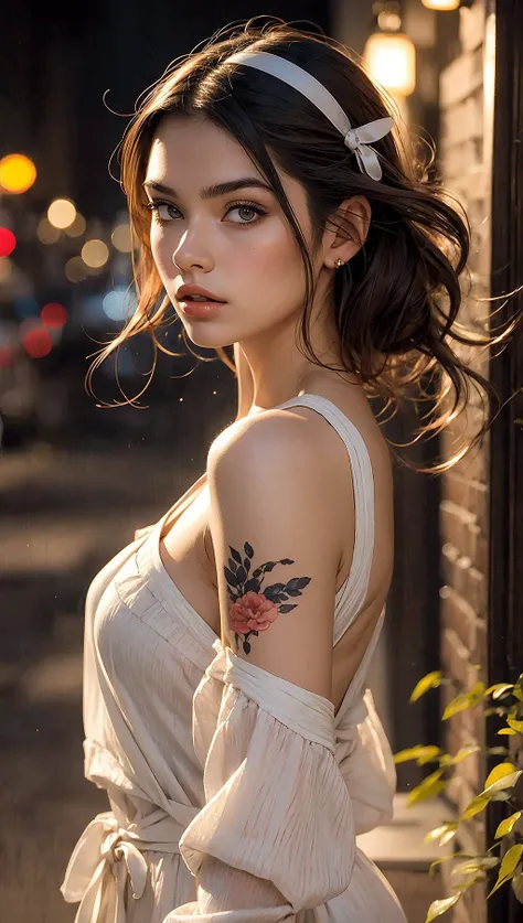 realistic,best quality,(masterpiece:1.2),absurdres,(1girl, solo),watercolor,a beautiful woman,shoulder,hair ribbons,half body portrait,extremely luminous bright design,(ink:1.3),autumn lights,looking at viewer,