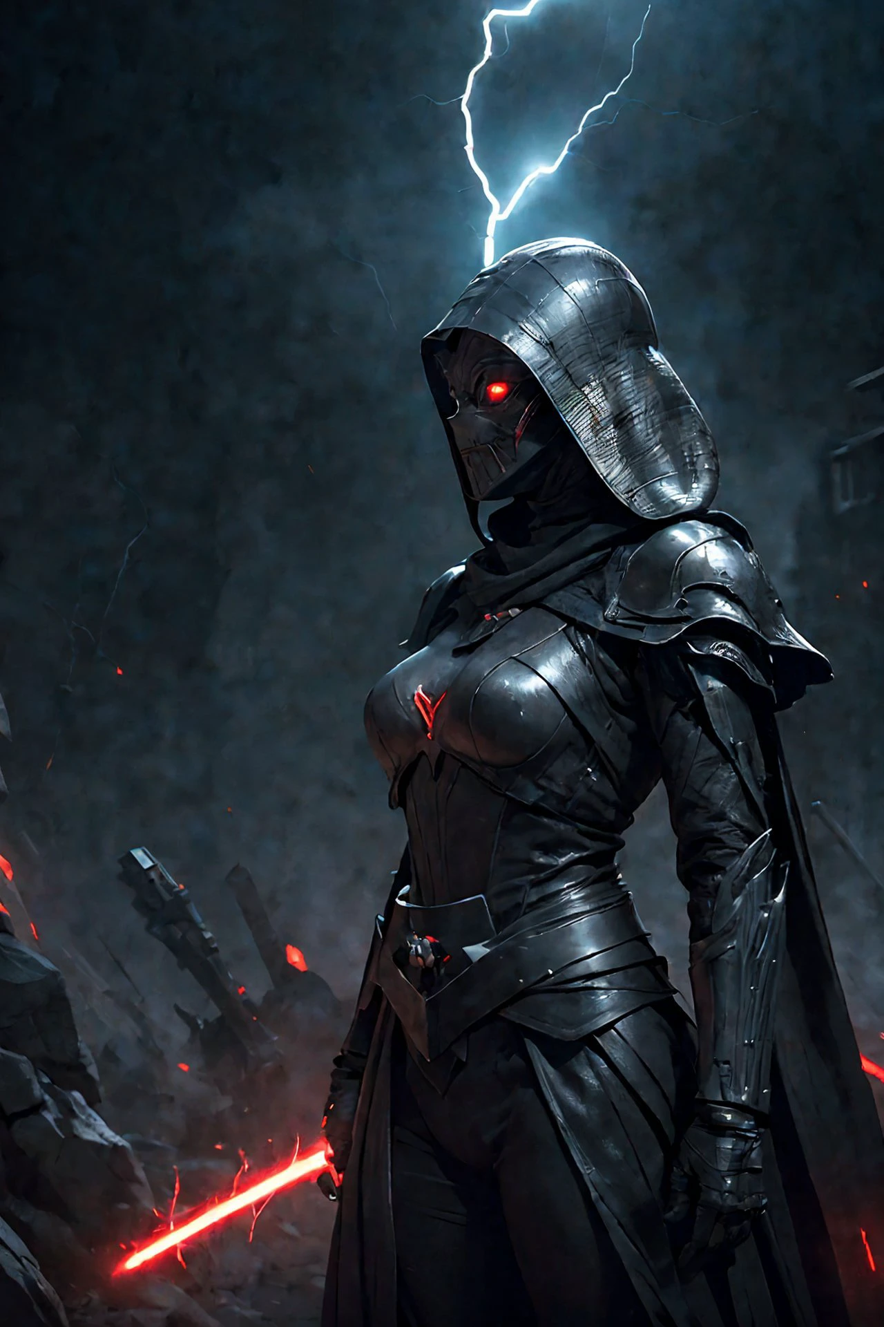 (The battle scene of The dark Sith without a face destroys his enemy with the force :1.5), (wared in helmet, sharp sleek cyborg dragon head, detailed helmet, highly detailed cgsociety, ornate cyberpunk armor, futuristic cybernetic helmet) dark theme, Star Wars, face hidden under a hood, eyes shining brightly from the darkness, The endless power of darkness, (Unlimited evil dinamic pose, fighter:1.2) (There are a lot of electrical discharges and lightning everywhere:1.1), (stunning visual effects, fantasy, ArtStation, vfx, very beautiful graphics, CG)