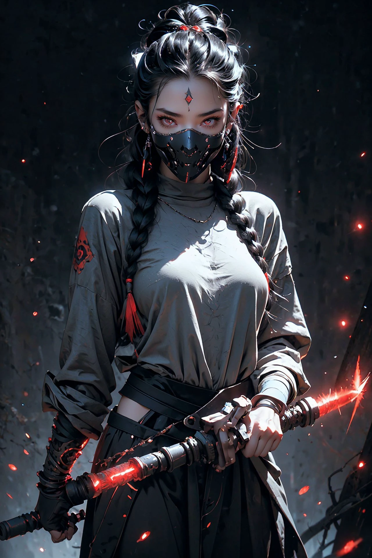 ((diamondly beautiful eyed girl)) with braids holds a weapon in his hand on a black background, red glowing eyes, holy cyborg necromancer girl, holds a weapon in his hand, Sci-Fi Helmet, cyber mask, brian sum, goddess of war, blue cyborg, balaskas, blink , highest quality, masterpiece, ultra-detailed, dof, artistic lighting, highest quality, masterpiece, ultra-detailed, dof, rimlight <lora:Ghost_Mask_V2_Gold_Edition:0.6>, <lora:anxiang:0.4>