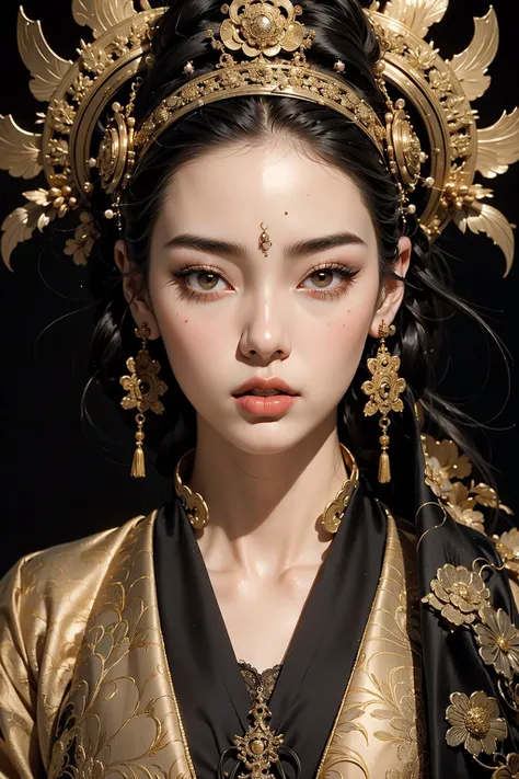 a close up of a woman with a black and gold headpiece, porcelain japanese mannequins, natalie shau, detailed face of a asian girl, japanese influences, symmetry face, shogun era, banshee, with parted lips and stunning, automaton, <lora:anxiang:0.3>