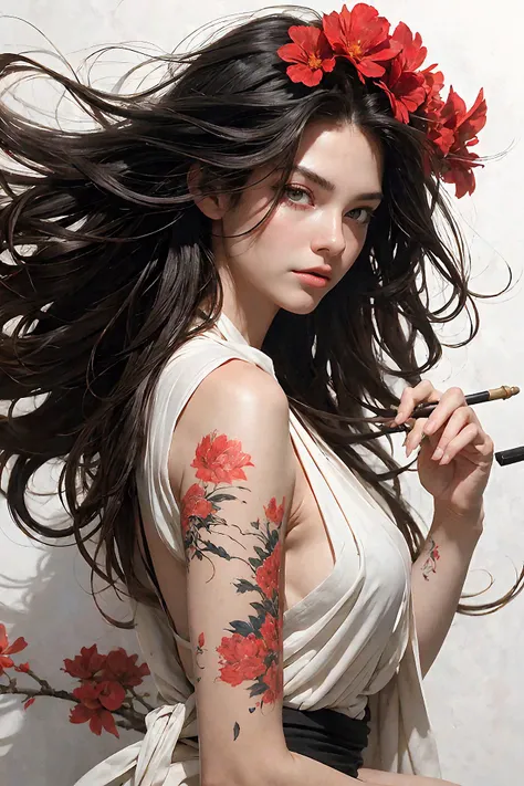 a painting of a woman sitting on a tree branch with red flowers, artwork in the style of guweiz, mark brooks and brad kunkle, detailed face of a girl, flowing backlit hair, inspired by Watanabe ShMtei, long windblown black hair, an airbrush painting, flowing hair and long robes, (drawing on a white background, concept art:1.2), painting artwork in the watercolor style of Felix Scheinberger, Valentina Verlato, Prafull Sawant, unfinished work, paper visible
