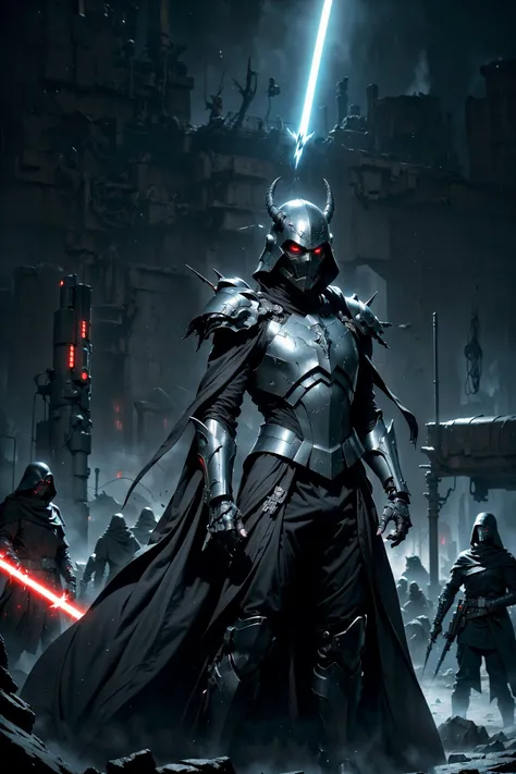 (The battle scene of The dark Sith without a face destroys his enemy with the force :1.2), (wared in helmet, sharp sleek cyborg dragon head, detailed helmet, highly detailed cgsociety, ornate cyberpunk armor, futuristic cybernetic helmet) dark theme, Star Wars, face hidden under a hood, eyes shining brightly from the darkness, The endless power of darkness, (Unlimited evil dinamic pose, fighter:1.2) (There are a lot of electrical discharges and lightning everywhere:1.1), (stunning visual effects, fantasy, ArtStation, vfx, very beautiful graphics, CG)