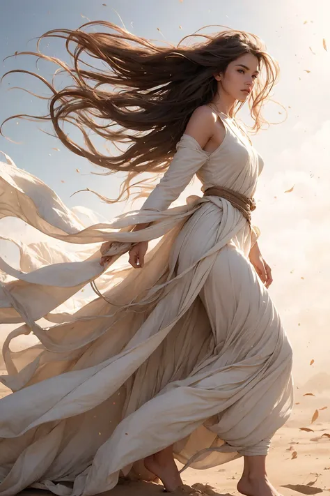 a barefoot woman in a white dress and wide brown belt walking through leaves, desert fighter ancient mage, photo pinterest, gale-force winds, wind rose, cloud of sand, fierce, inspired by Huang Guangjian, wavy beautiful hair, zhong lin, the mummy, like an angel (drawing on a white background, concept art:1.2)