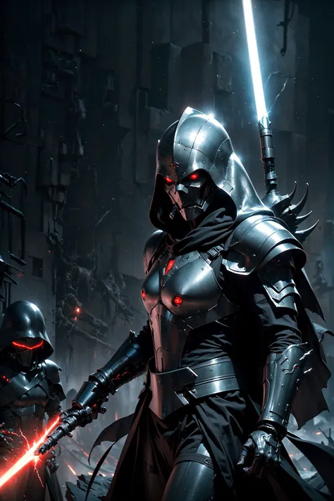 (The battle scene of The dark Sith without a face destroys his enemy with the force :1.2), (wared in helmet, sharp sleek cyborg dragon head, detailed helmet, highly detailed cgsociety, ornate cyberpunk armor, futuristic cybernetic helmet) dark theme, Star Wars, face hidden under a hood, eyes shining brightly from the darkness, The endless power of darkness, (Unlimited evil dinamic pose, fighter:1.2) (There are a lot of electrical discharges and lightning everywhere:1.1), (stunning visual effects, fantasy, ArtStation, vfx, very beautiful graphics, CG)