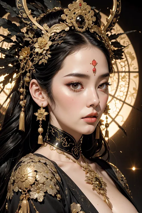 a close up of a woman with a black and gold headpiece, porcelain japanese mannequins, natalie shau, detailed face of a asian girl, japanese influences, symmetry face, shogun era, banshee, with parted lips and stunning, automaton, <lora:anxiang:0.3>