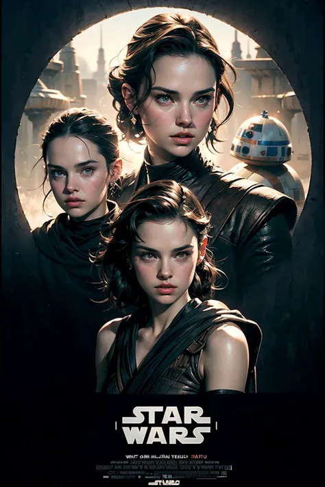 (Star wars movie poster:1.2) (hybrid of Daisy Ridley and Natalie Portman), ((stunning visual effects, fantasy, ArtStation, vfx, very beautiful graphics, CG), highest quality, masterpiece, dof, artistic lighting, rimlight) 4K, RAW, best quality,extremely detailed eyes