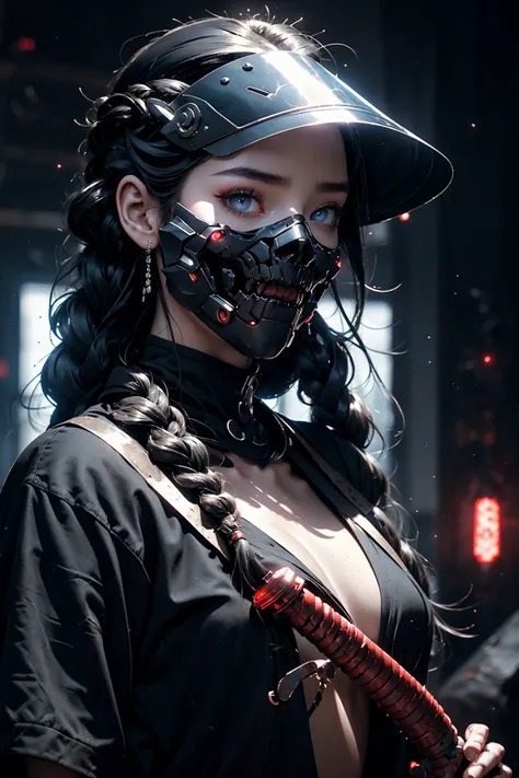 close up ((diamondly beautiful eyed girl)) with braids holds a weapon in his hand on a black background, red glowing eyes, holy cyborg necromancer girl, holds a weapon in his hand, Sci-Fi Helmet, cyber mask, brian sum, goddess of war, blue cyborg, balaskas, blink , highest quality, masterpiece, ultra-detailed, dof, artistic lighting, highest quality, masterpiece, ultra-detailed, dof, rimlight <lora:Ghost_Mask_V2_Gold_Edition:0.6>, <lora:anxiang:0.3>