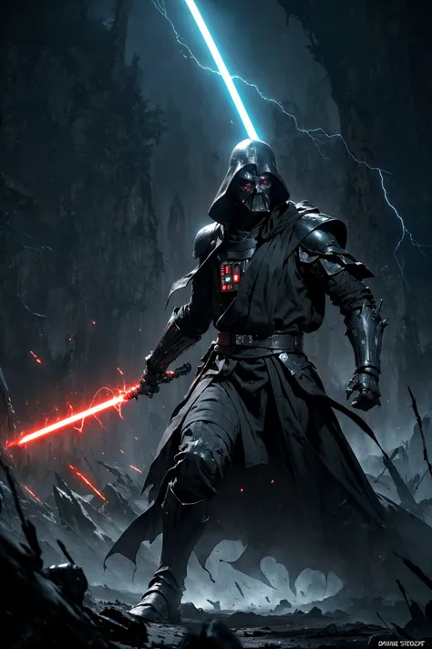 (The battle scene of The dark Sith without a face destroys his enemy with the force :1.5), (wared in helmet, sharp sleek cyborg dragon head, detailed helmet, highly detailed cgsociety, ornate cyberpunk armor, futuristic cybernetic helmet) dark theme, Star Wars, face hidden under a hood, eyes shining brightly from the darkness, The endless power of darkness, (Unlimited evil dinamic pose, fighter:1.2) (There are a lot of electrical discharges and lightning everywhere:1.2), (stunning visual effects, fantasy, ArtStation, vfx, very beautiful graphics, CG)