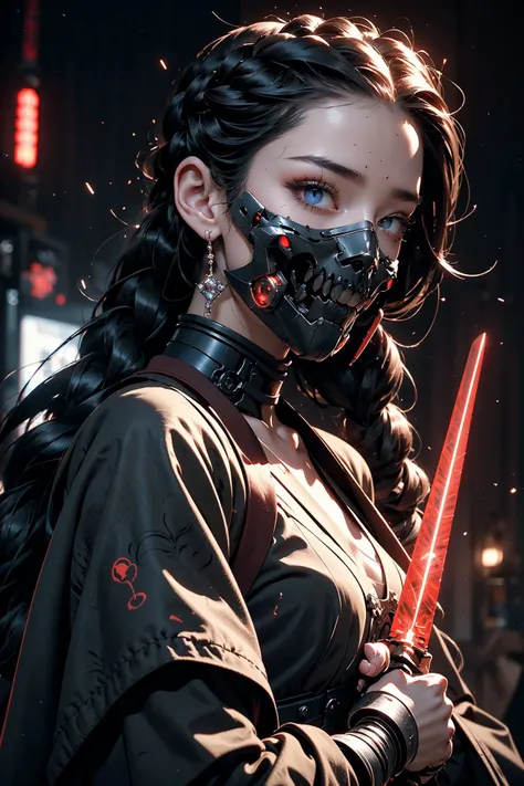 close up ((diamondly beautiful eyed girl)) with braids holds a weapon in his hand on a black background, red glowing eyes, holy cyborg necromancer girl, holds a weapon in his hand, Sci-Fi Helmet, cyber mask, brian sum, goddess of war, blue cyborg, balaskas, blink , highest quality, masterpiece, ultra-detailed, dof, artistic lighting, highest quality, masterpiece, ultra-detailed, dof, rimlight <lora:Ghost_Mask_V2_Gold_Edition:0.6>, <lora:anxiang:0.3>