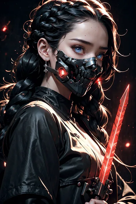 close up ((diamondly beautiful eyed girl)) with braids holds a weapon in his hand on a black background, red glowing eyes, holy cyborg necromancer girl, holds a weapon in his hand, Sci-Fi Helmet, cyber mask, brian sum, goddess of war, blue cyborg, balaskas, blink , highest quality, masterpiece, ultra-detailed, dof, artistic lighting, highest quality, masterpiece, ultra-detailed, dof, rimlight <lora:Ghost_Mask_V2_Gold_Edition:0.6>, <lora:anxiang:0.3>