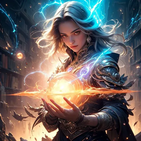 a close-up of a woman with lightning in her magic hand floating in the clouds, mago de raio feminino, Female mage conjuring a spell, sedutora feiticeira atraente, mago femea, magia a feiticeira reunindo, relampago, tempestade