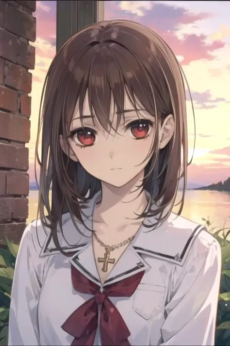 masterpiece, best quality, still, 1girl, solo, looking at viewer, upper body, , , realistic, <lora:yuuki_cross:0.72>, yuuki_cross, brown hair, red eyes, , , The Island of Dreams: A place where all your deepest desires come true, HD-DVD