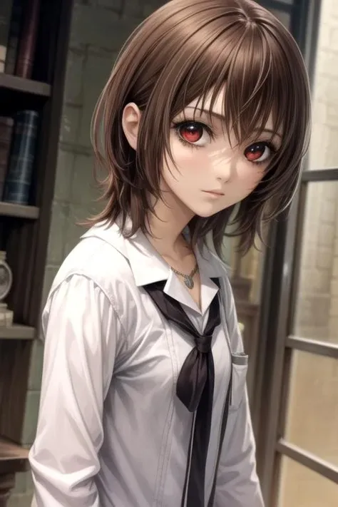 masterpiece, best quality, illustration, 1girl, solo, looking at viewer, , depth of field, anime coloring, realistic, <lora:yuuki_cross:0.72>, yuuki_cross, brown hair, red eyes, , , feminist science fiction,