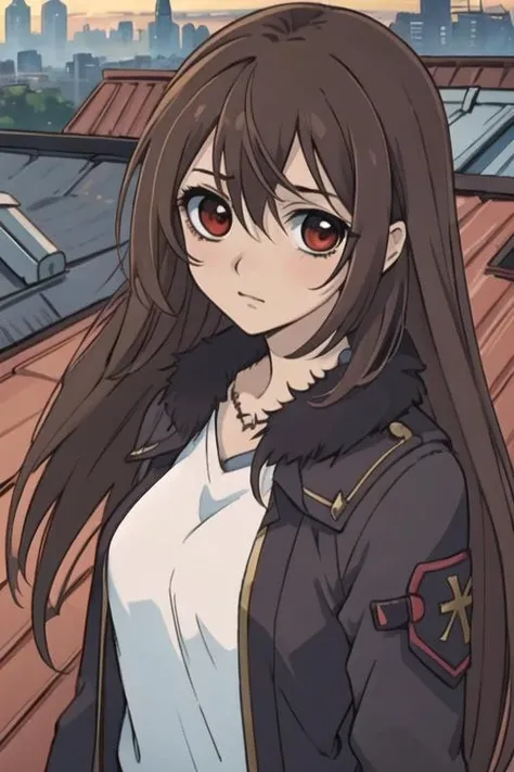 masterpiece, best quality, illustration, 1girl, solo, looking at viewer, upper body, , anime coloring, , <lora:yuuki_cross:0.70>, yuuki_cross, brown hair, red eyes, long hair, gorilla costume, rooftop, 2k resolution