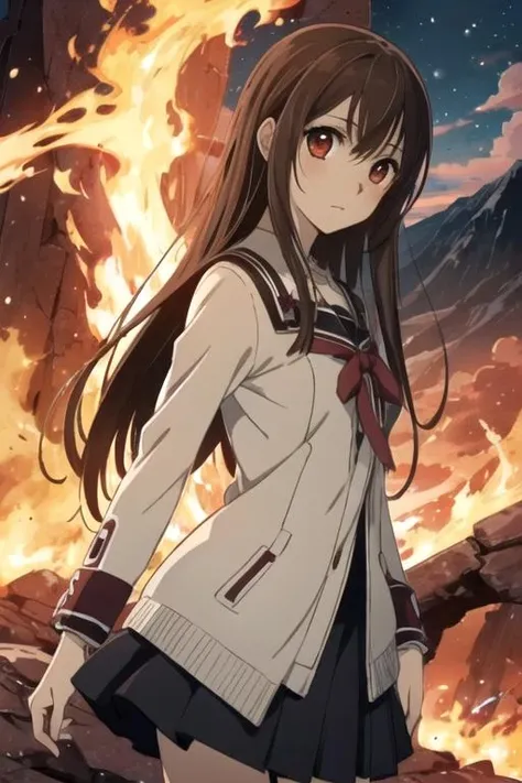 masterpiece, best quality, sketch, 1girl, solo, looking at viewer, , , anime coloring, , <lora:yuuki_cross:0.74>, yuuki_cross, brown hair, red eyes, long hair, , The Mountain of Fire,