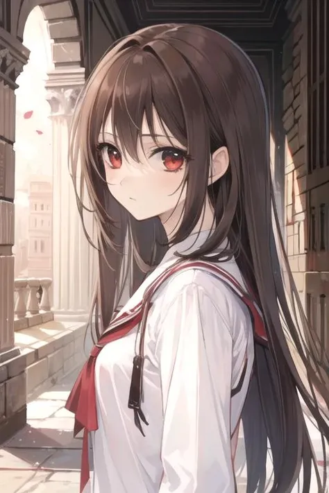 masterpiece, best quality, , 1girl, solo, looking at viewer, upper body, depth of field, ligne claire, , <lora:yuuki_cross:0.70>, yuuki_cross, brown hair, red eyes, long hair, , ancient rome,
