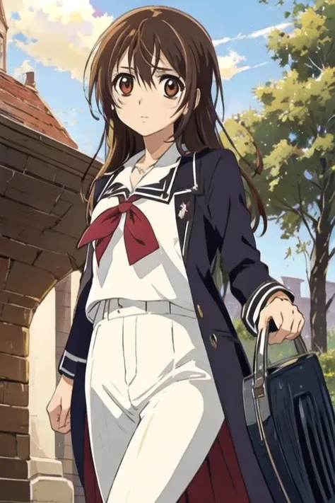 masterpiece, best quality, movie still, 1girl, solo, looking at viewer, , depth of field, anime coloring, , <lora:yuuki_cross:0.72>, yuuki_cross, brown hair, red eyes, long hair, suit, kerchief, The Kingdom of the Unicorn,