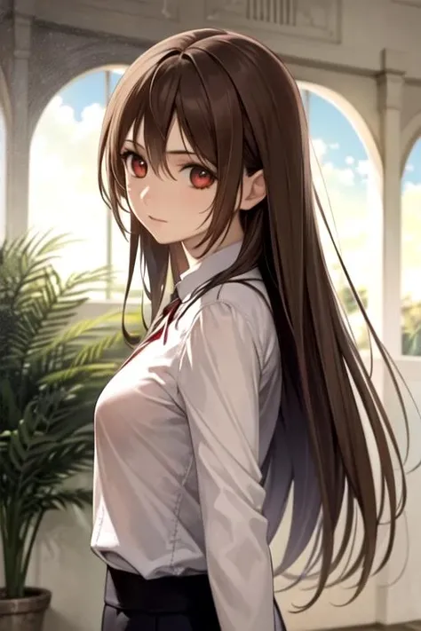 masterpiece, best quality, photorealistic, 1girl, solo, looking at viewer, , , ligne claire, , <lora:yuuki_cross:0.70>, yuuki_cross, brown hair, red eyes, long hair, , , sci-fi,