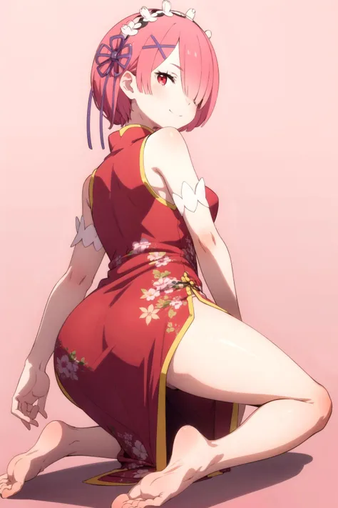 1girl, solo, masterpiece, best quality,
<lora:ram-rezero-01:0.6>,
gold trim, floral print, re:zero kara hajimeru isekai seikatsu, ram, ram (re:zero), red eyes, tsurime, pink hair, short hair, hair over one eye, hair ornament, x hair ornament, flower knot, china dress, chinese clothes, dress, sleeveless dress, sleeveless, bare shoulders, bare arms, shoulder blades, red dress, small breasts, side slit, bare legs, barefoot,
all fours, looking at viewer, from behind, looking back, ass,
blush, naughty face, smile, half-closed eyes,
,
simple background, pink background