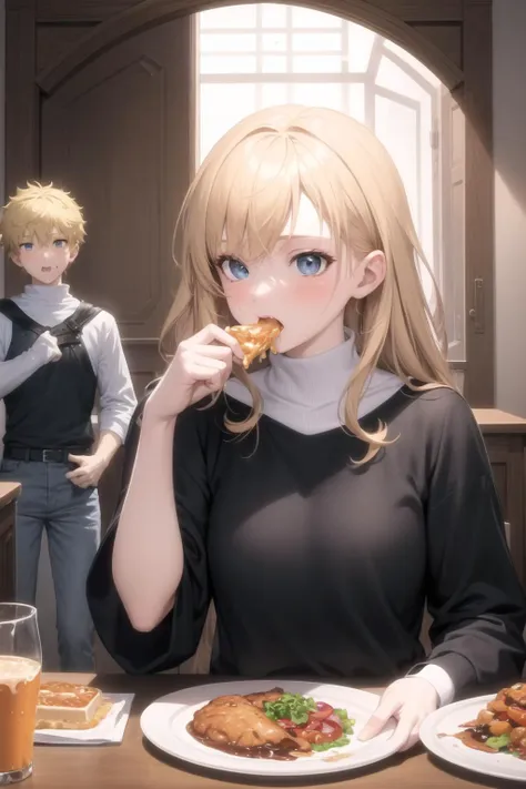 <lora:caught_cheating_v0.3d:1.0> 
1girl, blonde hair, blue eyes, eating, food, table, door, 1boy, caught, masterpiece, best quality, highly detailed