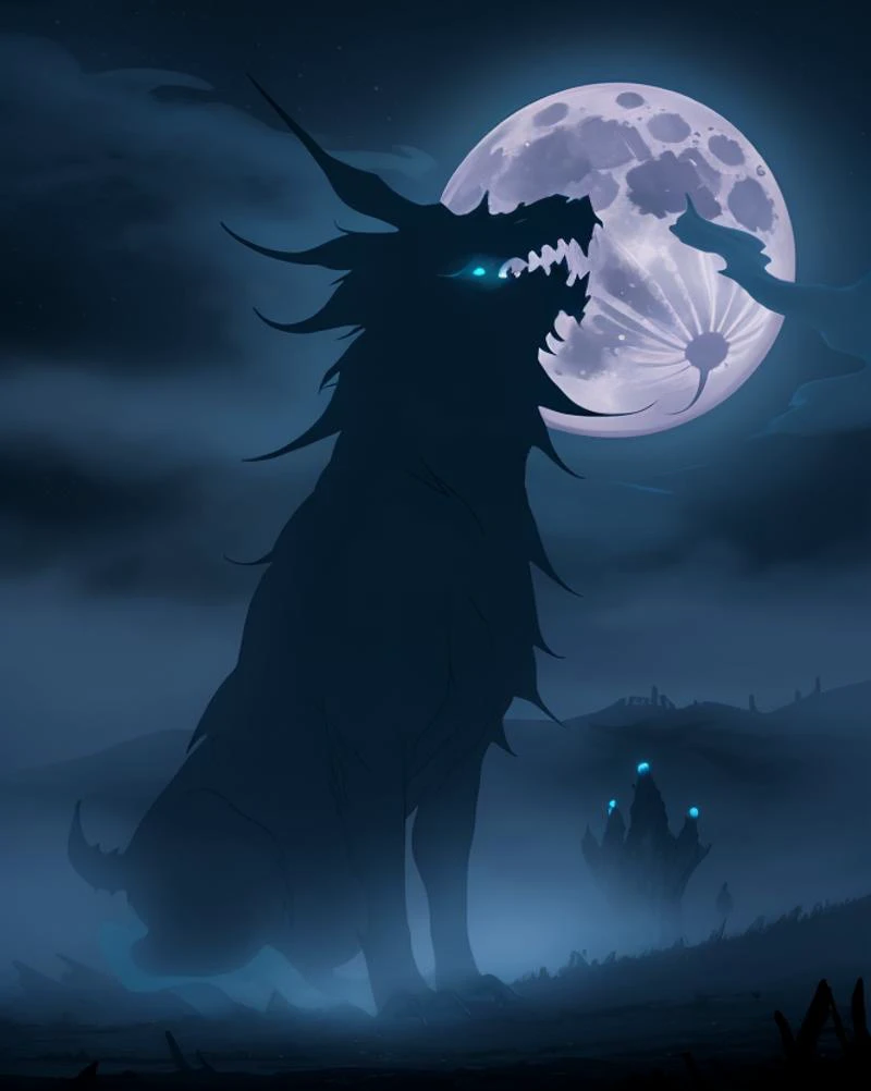 monster, night sky, glowing, full moon, fog <lora:legendOfKorraStyle-000018:0.75>