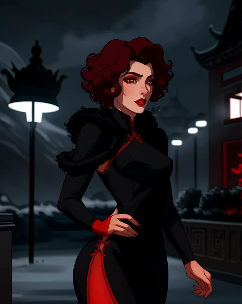 A very beautiful and fancy woman, short curly hair, noir (theme), red lipstick, long eyelasnes, make up, fur trim dress, small breasts, china dress <lora:legendOfKorraStyle-000018:0.75>