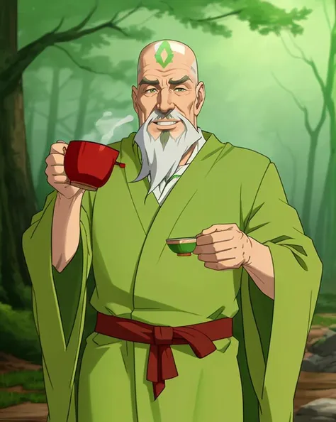 old man drinking tea, bald, white beard, smile, green robe,forest, cowboy shot <lora:legendOfKorraStyle-000018:0.8>