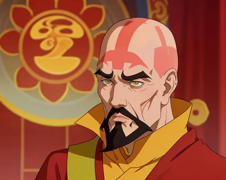 bald, facial hair, monk wearing a red and yellow robe, tattoo <lora:legendOfKorraStyle-000018:1>