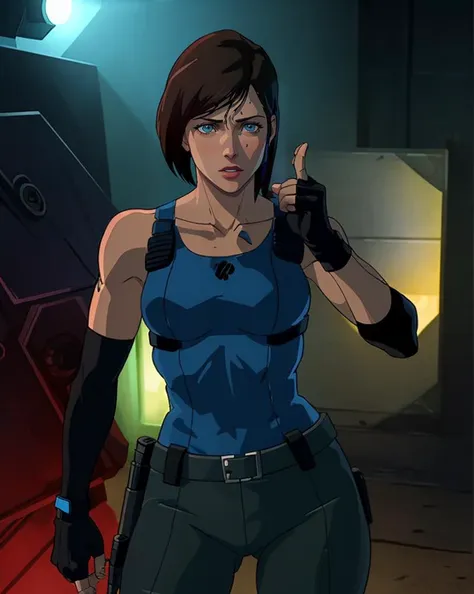 (jill valentine:1.3), police woman, holding beretta 92, fingerless black gloves, dirty clothes, cuts, tank top, cowboy shot, solo <lora:legendOfKorraStyle-000018:1>