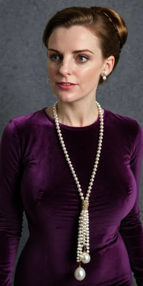 <lora:Necklace_XL:1> attractive woman wearing a crew -neck eggplant velvet dress, clean face, updo, long plain pearl necklace, giant pearls, multistrand, dangling jasper pendant, n3ckl4c3,half length <lora:Jennifer8XL:1> <lora:SDXL_Massive-Cows-LoRA_v3C:0.25> (massive breasts:1.3)