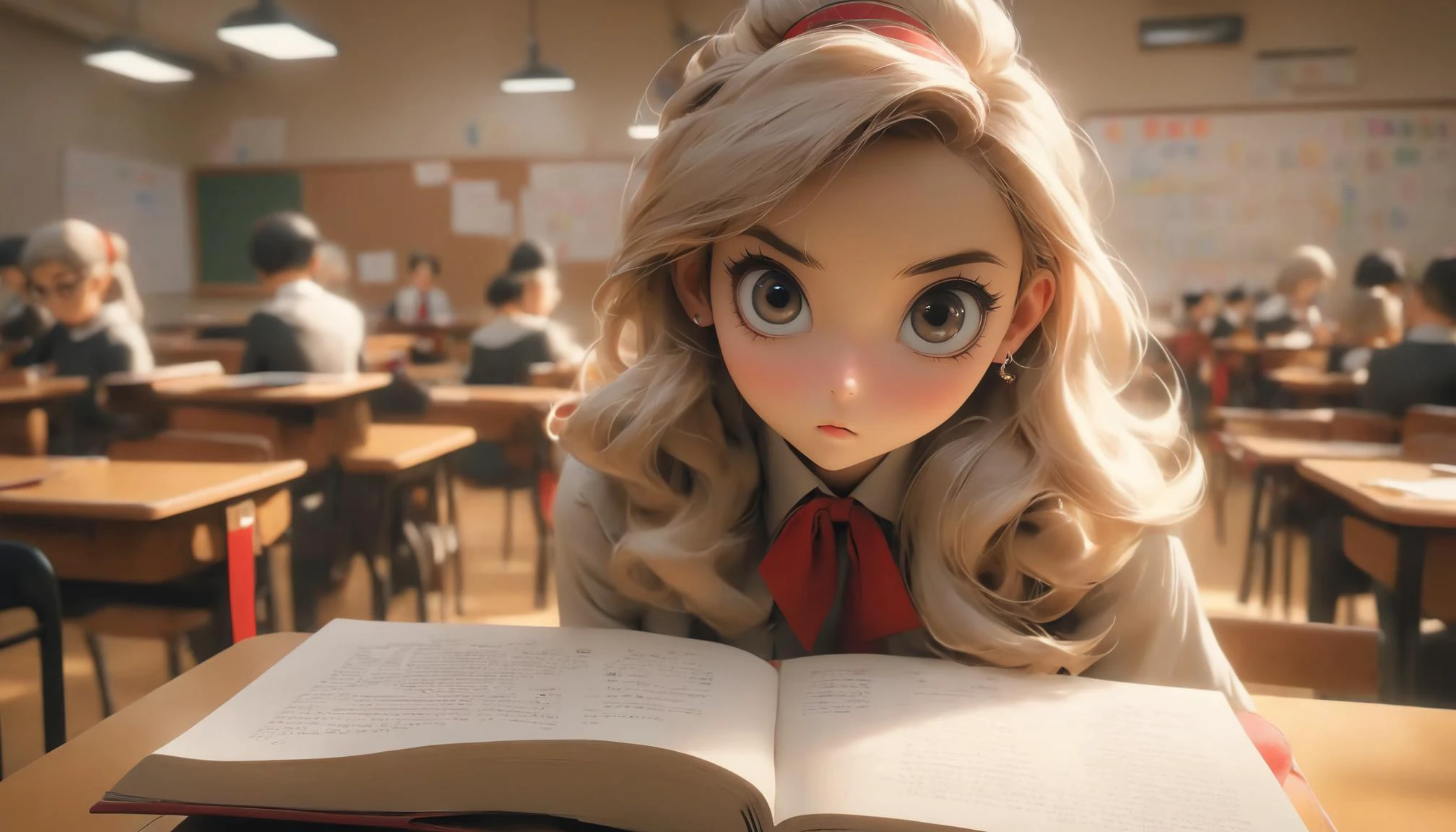 <lora:Cinematic_Painting_XL_V02:0.5>, cinematicpainting, raw photo, backview, blonde teacher with cute makeup, age 40, face detailing, (holding textbook and with a pointer: 1.4) , black tight superminiskirt 40 cm long with slit on the back, in high-heeled shoes, in the crowded classroom, white tight - fitting blouse , stylish glasses, , (Thigh high socks :1.3), ponytail, red ribbon, skin tight , (side breasts) , shoulder, collarbone, students, desks ,chairs, long earrings, textbooks, blackboard, classroom, graphic eyeliner, rouge, (choker:0.9), realistic skin texture,,, very thin waist, <lora:SDXL_MassiveCowsLoRA_v1:0.1> breasts, cleavage, slim body,, (8k, masterpiece, best quality, ultra-detailed), (an extremely delicate and beautiful)kawaii, cute, very big eyes, Aesthetic Anime Eyes, small face, large breasts, cinematic lighting, , Intricate, High Detail, Sharp focus, dramatic, masterpiece, best quality, ultra-detailed,