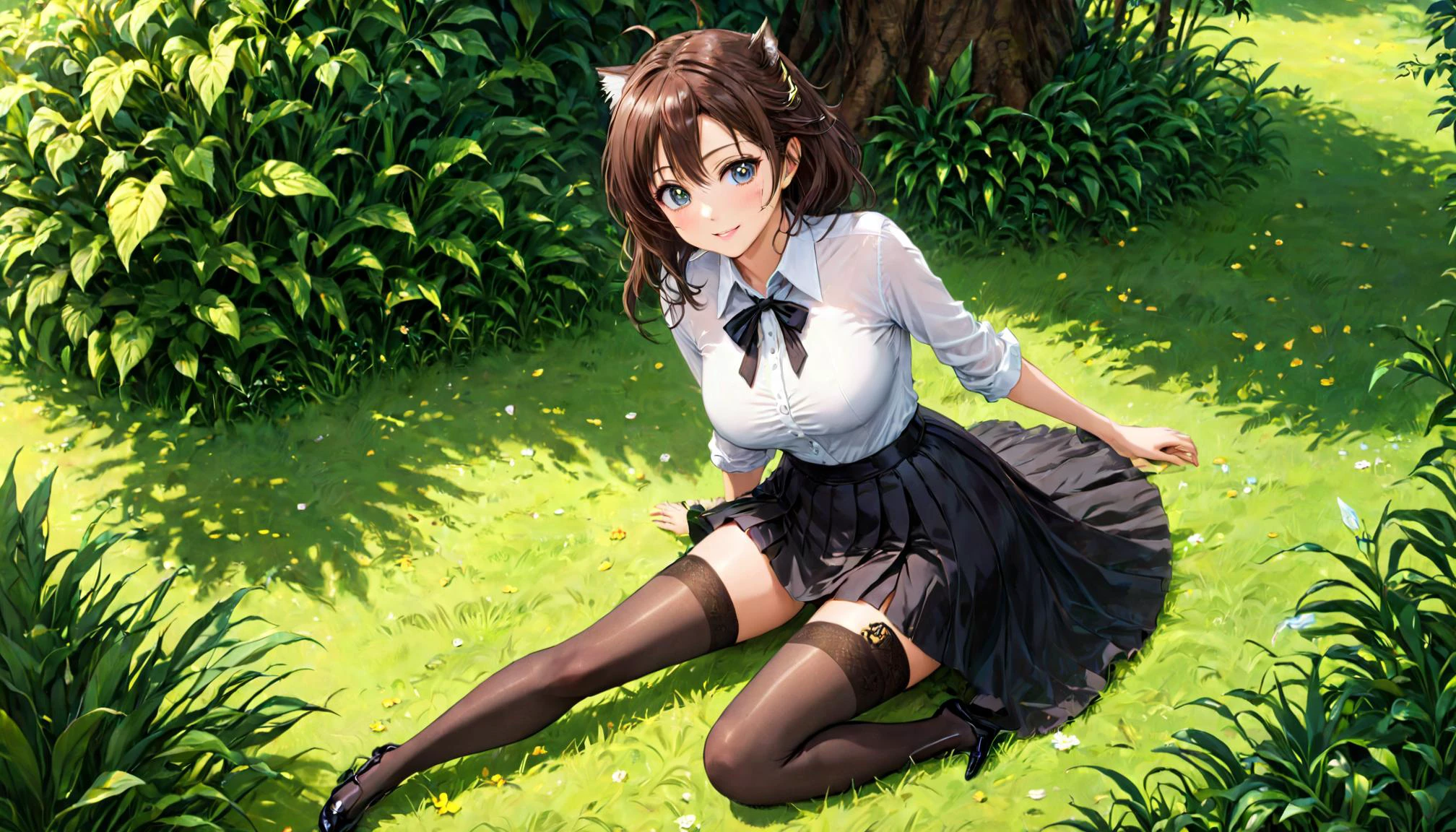 <lora:DonMASKTexXL-000010:0.5>, DonMASKTexXL, <lora:jolie_lora_sdxl_v1-000008:1> ohwx, ohwx woman, skirt, office lady, thighhighs, high heels, shirt, mature female, (closed eyes:1.2), smile, tail, leaning back, from above, full body, indoors, grass, tree,, very thin waist, <lora:SDXL_MassiveCowsLoRA_v1:0.1> breasts, cleavage, slim body,, (8k, masterpiece, best quality, ultra-detailed), (an extremely delicate and beautiful)kawaii, cute, very big eyes, Aesthetic Anime Eyes, small face, large breasts, cinematic lighting, , Intricate, High Detail, Sharp focus, dramatic, masterpiece, best quality, ultra-detailed,