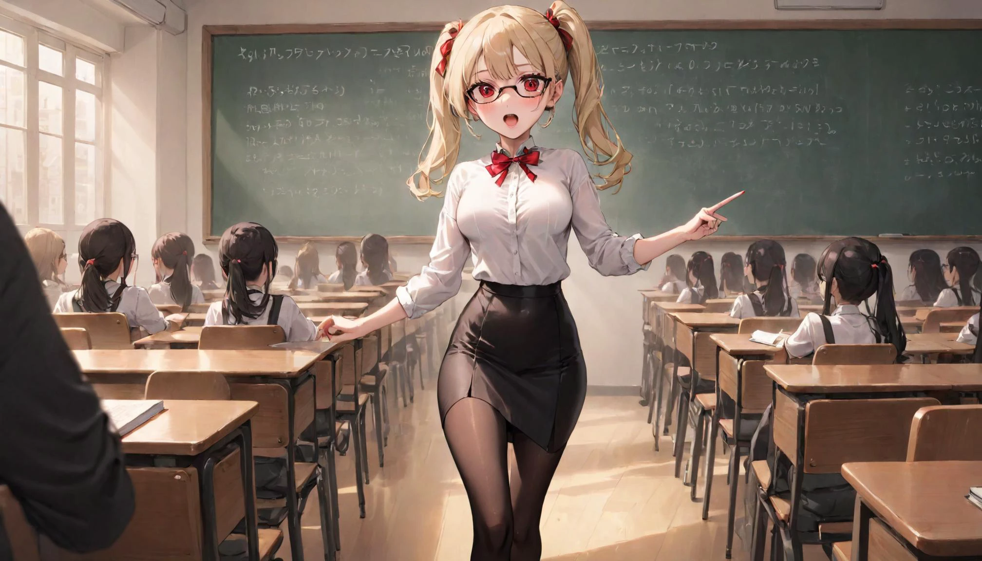 <lora:polyhedron_angry-000006:0.5>, anger , screaming, angry, raw photo, backview, blonde teacher with cute makeup, age 40, face detailing, (holding textbook and with a pointer: 1.4) , black tight superminiskirt 30 cm long from the waist with slit on the back, in high-heeled shoes, in the crowded classroom, white tight - fitting blouse , stylish glasses, , (Thigh high socks :1.3), ponytail, red eyes, red ribbon, skin tight , (side breasts) , shoulder, collarbone, students, desks ,chairs, long earrings, textbooks, blackboard, classroom, graphic eyeliner, rouge, (choker:0.9), realistic skin texture,,, very thin waist, <lora:SDXL_MassiveCowsLoRA_v1:0.1> breasts, cleavage, slim body,, (8k, masterpiece, best quality, ultra-detailed), (an extremely delicate and beautiful)kawaii, cute, very big eyes, Aesthetic Anime Eyes, small face, large breasts, cinematic lighting, , Intricate, High Detail, Sharp focus, dramatic, masterpiece, best quality, ultra-detailed,