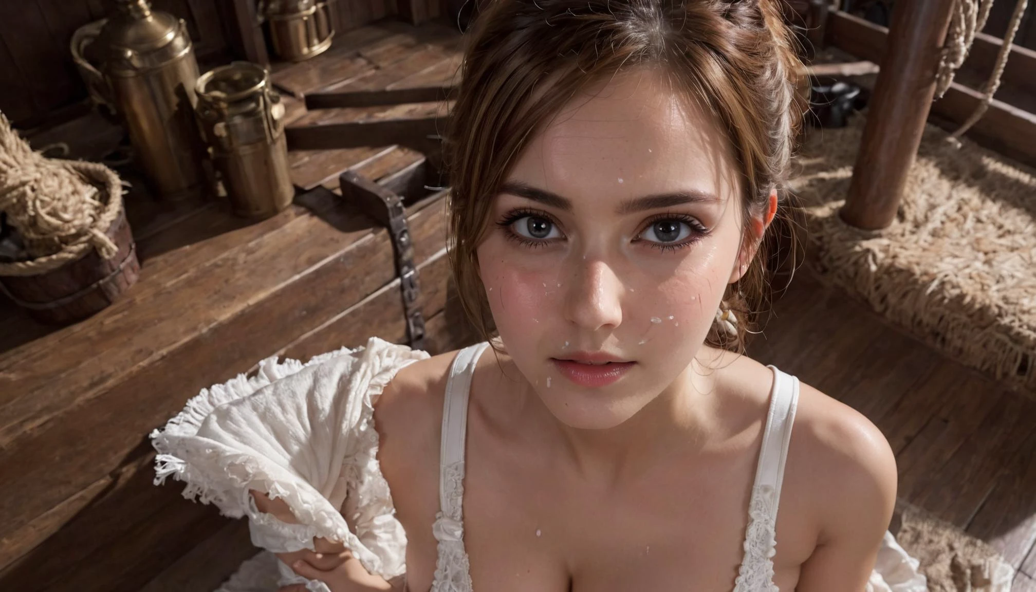 <lora:Facials:0.5>, facial, cum, cum on face, cum on breasts, cum on stomach, covered in cum, perfect facial, profile, pirate ship, indoors, light, arms above head, <lora:emmaa-XL-redo-mini:0.5>, ohwx woman, angry,, very thin waist, <lora:SDXL_MassiveCowsLoRA_v1:0.1> breasts, cleavage, slim body,, (8k, masterpiece, best quality, ultra-detailed), (an extremely delicate and beautiful)kawaii, cute, very big eyes, Aesthetic Anime Eyes, small face, large breasts, cinematic lighting, , Intricate, High Detail, Sharp focus, dramatic, masterpiece, best quality, ultra-detailed,