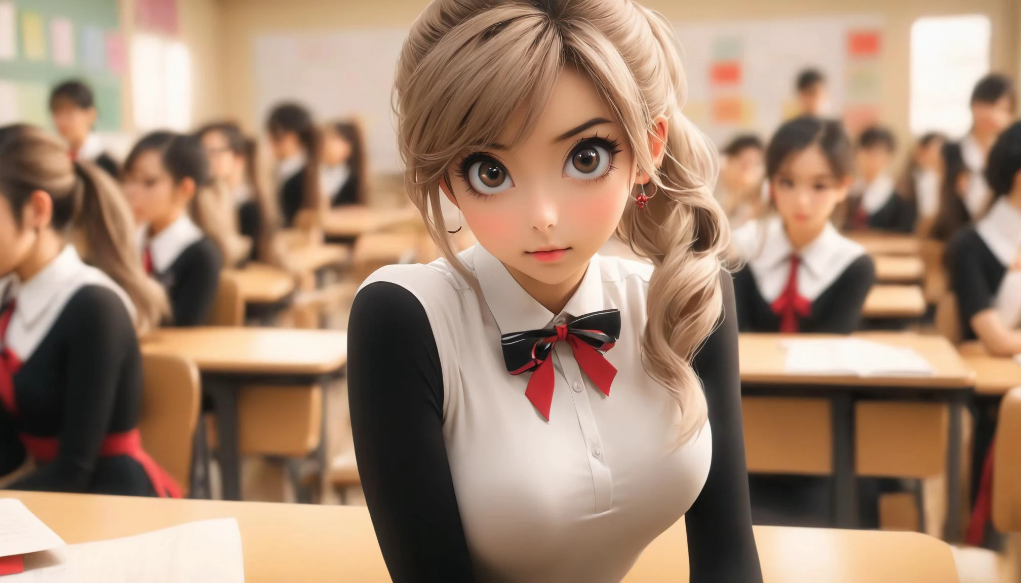 <lora:flaredress:0.5>, flareminidress, raw photo, <sideview|backview>, blonde teacher with cute makeup, age 35, eyecontact, face detailing, (holding textbook: 1.4) , narrow shoulders, black tight superminiskirt 25 cm long with slit on the back, wide hips, in high-heeled shoes, in the crowded classroom, white tight - fitting blouse , stylish glasses in a thin frame, (Thigh high socks :1.5), ponytail, red ribbon, skin tight , (side breasts) , shoulder, collarbone, students, desks ,chairs, long earrings, textbooks, blackboard, classroom, graphic eyeliner, rouge, (choker:0.9), realistic skin texture,,, very thin waist, <lora:SDXL_MassiveCowsLoRA_v1:0.1> breasts, cleavage, slim body,, (8k, masterpiece, best quality, ultra-detailed), (an extremely delicate and beautiful)kawaii, cute, very big eyes, Aesthetic Anime Eyes, small face, large breasts, cinematic lighting, , Intricate, High Detail, Sharp focus, dramatic, masterpiece, best quality, ultra-detailed,