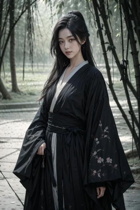 1girl,bare tree,black hair,blurry,blurry background,blurry foreground,branch,brown eyes,cherry blossoms,depth of field,forest,holding,japanese clothes,katana,kimono,long hair,long sleeves,looking at viewer,nature,obi,outdoors,sash,snow,solo,standing,sword,tree,weapon,wide sleeves,winter,(realistic:1.5),(masterpiece, Extremely detailed CG unity 8k wallpaper, best quality, highres:1.2),
(ultra_detailed, UHD:1.2),(pixiv:1.3),distinct,detailed face,<lora:fusu-AIX:0.6>,