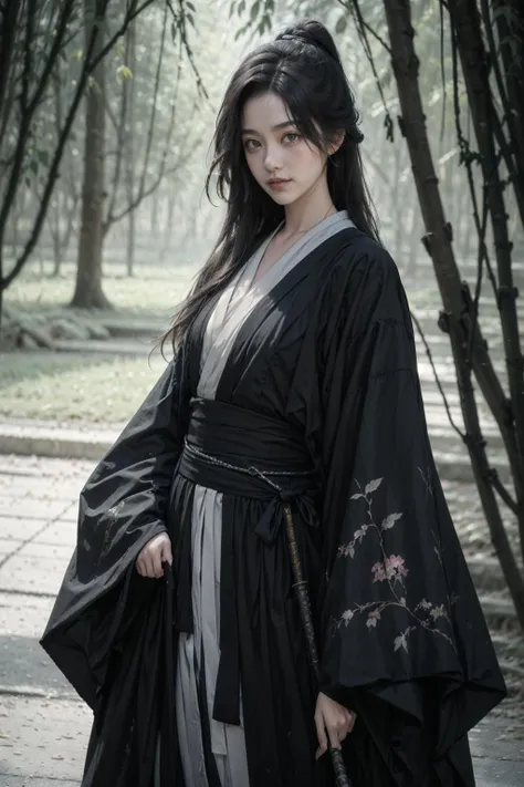 1girl,bare tree,black hair,blurry,blurry background,blurry foreground,branch,brown eyes,cherry blossoms,depth of field,forest,holding,japanese clothes,katana,kimono,long hair,long sleeves,looking at viewer,nature,obi,outdoors,sash,snow,solo,standing,sword,tree,weapon,wide sleeves,winter,(realistic:1.5),(masterpiece, Extremely detailed CG unity 8k wallpaper, best quality, highres:1.2),
(ultra_detailed, UHD:1.2),(pixiv:1.3),distinct,detailed face,<lora:fusu-AIX:0.6>,