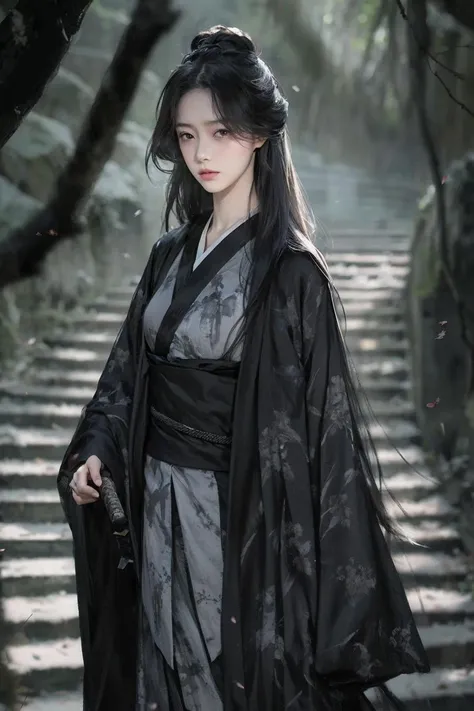 1girl, bare tree, black hair, blurry, blurry background, blurry foreground, branch, brown eyes, cherry blossoms, depth of field, forest, holding, japanese clothes, katana, kimono, long hair, long sleeves, looking at viewer, nature, obi, outdoors, sash, snow, solo, standing, sword, tree, weapon, wide sleeves, winter, (realistic:1.5),(masterpiece, Extremely detailed CG unity 8k wallpaper, best quality, highres:1.2),
(ultra_detailed, UHD:1.2),(pixiv:1.3),distinct,detailed face,