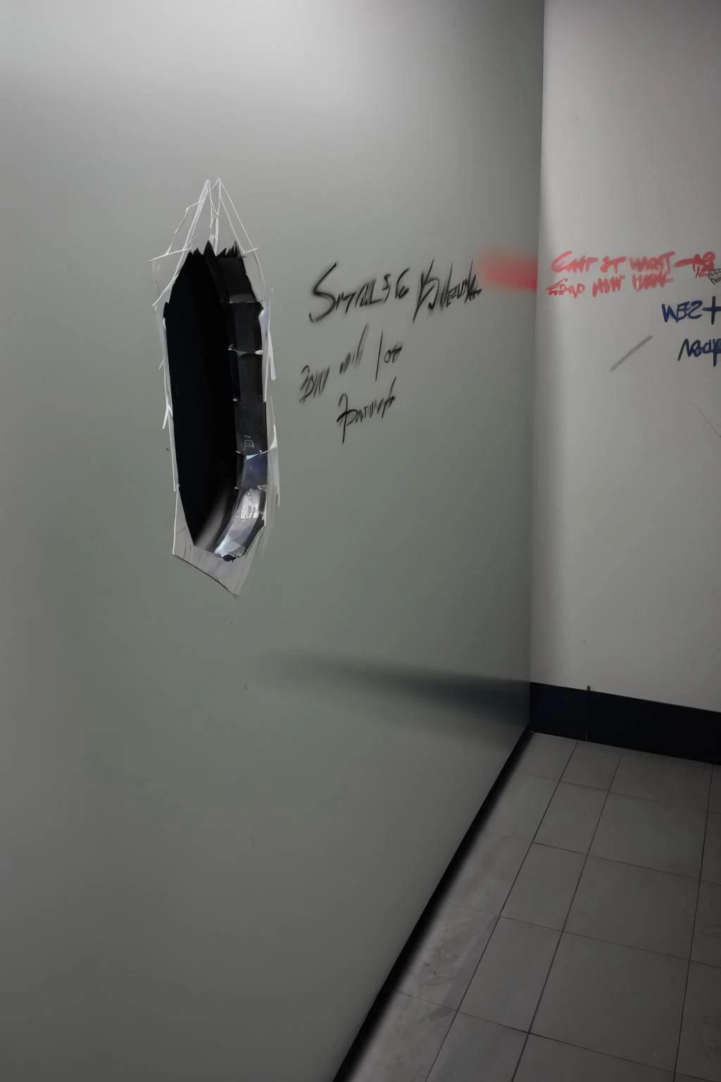 32K, (masterpiece:1.2), (((far shot))), photograph of a, view from the side, wide angle, extremely dim fluorescent lighting, <lora:Gloryhole_blowjob:1> photo of a low to the ground gloryhole, (((small dark hole))), round hole on wall, low placement, hole next to toilet, (graffiti scribbles), ((grafffiti art of arrows)), arrows pointing toward gloryhole,
<lora:restroom_v0.2a:0.45> restroom, (((stall wall))), tiled floor, urinal, stall, stall door, stall door hinges, <lora:nighttime_v1:0.5>